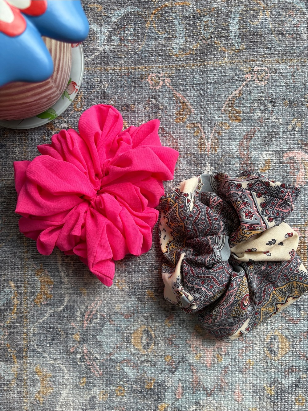 Lot of 2 Free People Giant Hot Pink and Paisley Ruffled Fabric Scrunchies